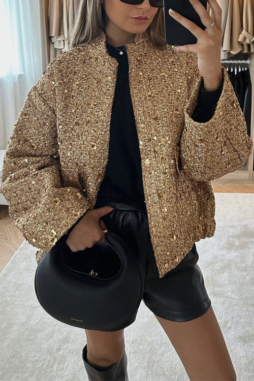 Trixiedress Stand Collar Zip Up Pocketed Sequin Jacket