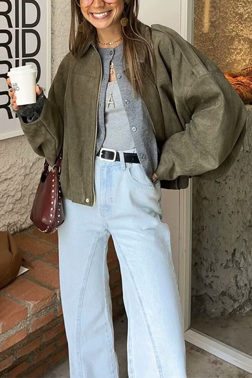 Trixiedress Lapel Zip Up Trendy Bomber Jacket