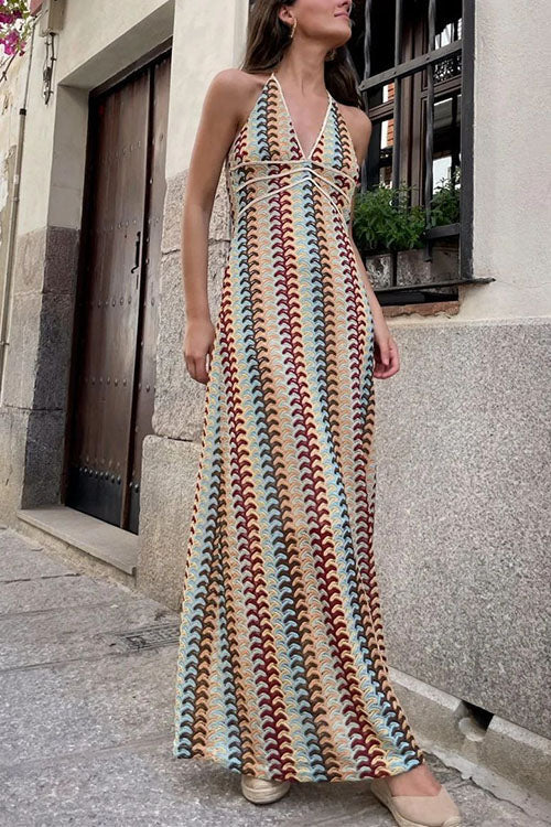 Trixiedress Halter V Neck Backless Color Block Crochet Maxi Dress