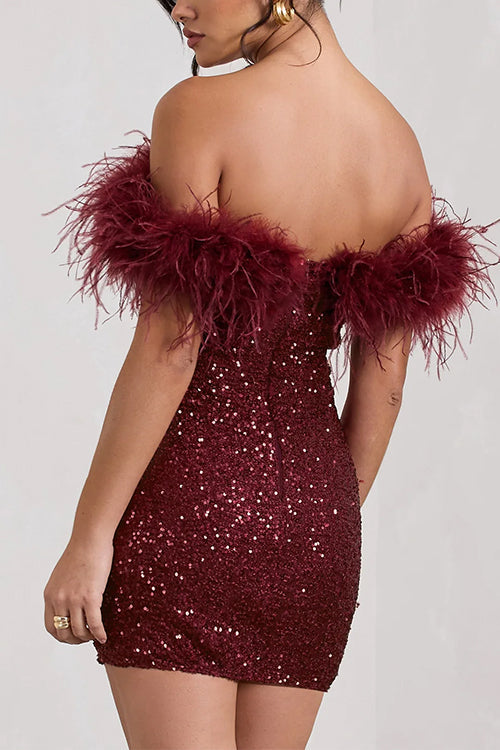 Trixiedress Off Shoulder Feather Trim Sequin Mini Party Dress