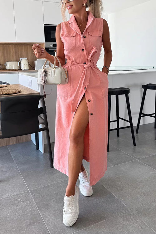 Trixiedress Sleeveless Button Down Tie Waist Pocketed Denim Midi Dress