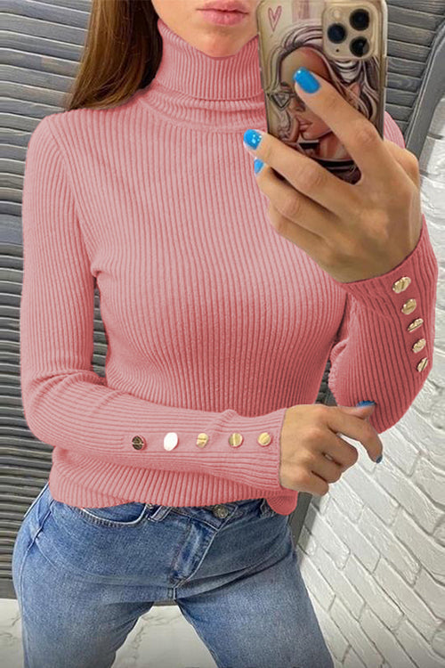 Trixiedress Turtleneck Gold Buttons Ribbed Knit Top