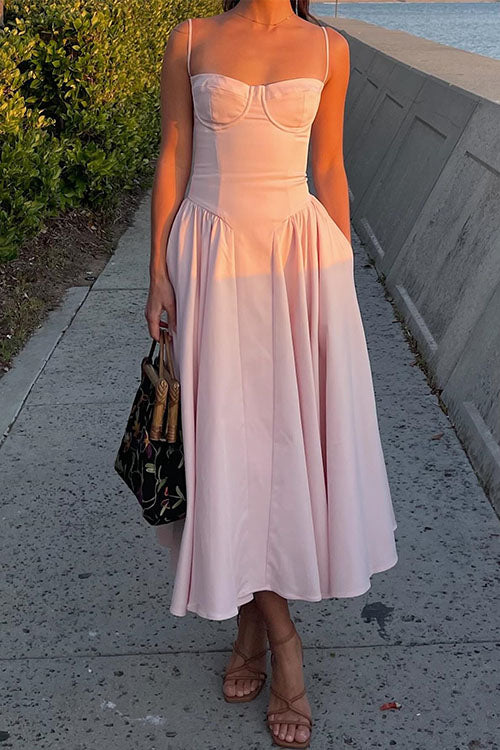 Trixiedress Spaghetti Strap Pocketed Corset Swing Midi Dress