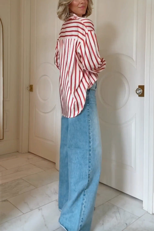 Trixiedress Long Sleeves Button Down Striped Blouse Shirt