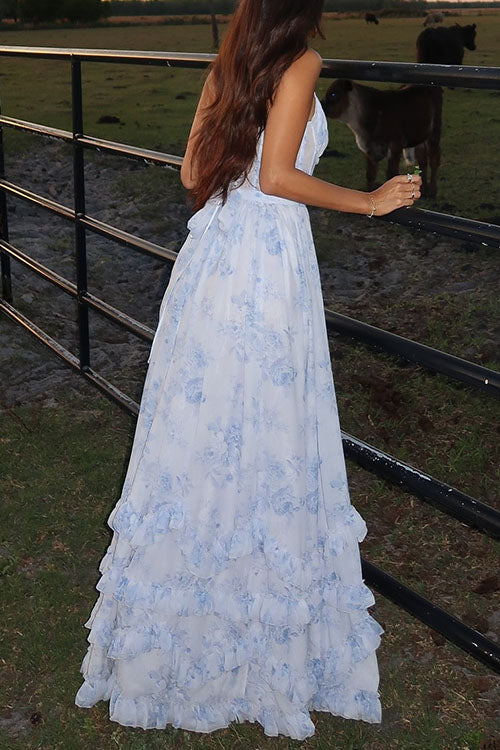 Trixiedress Back Lace-up Ruffle Hem Slit Floral Print Maxi Cami Dress