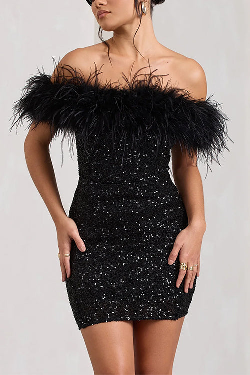 Trixiedress Off Shoulder Feather Trim Sequin Mini Party Dress