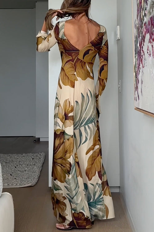 Bell Long Sleeves Open Back Floral Print Maxi Dress