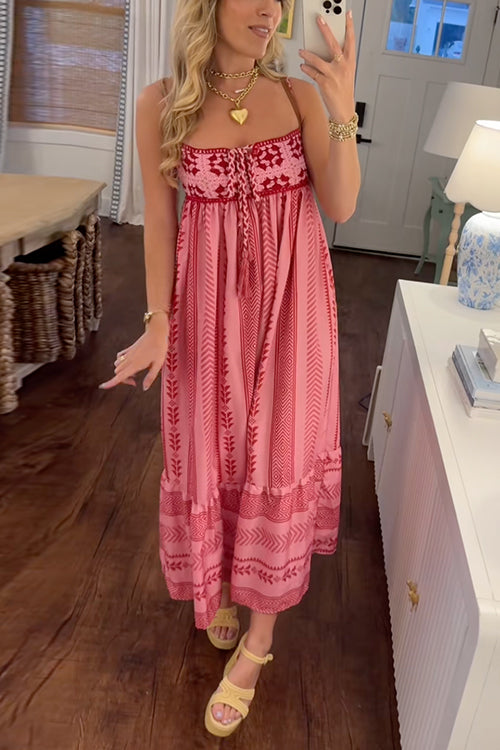 Trixiedress Crochet Top Printed Flowy Ruffle Maxi Cami Dress