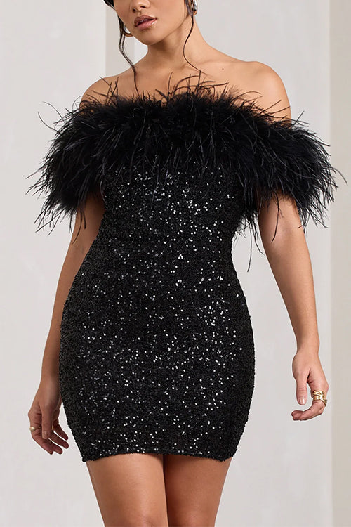Trixiedress Off Shoulder Feather Trim Sequin Mini Party Dress