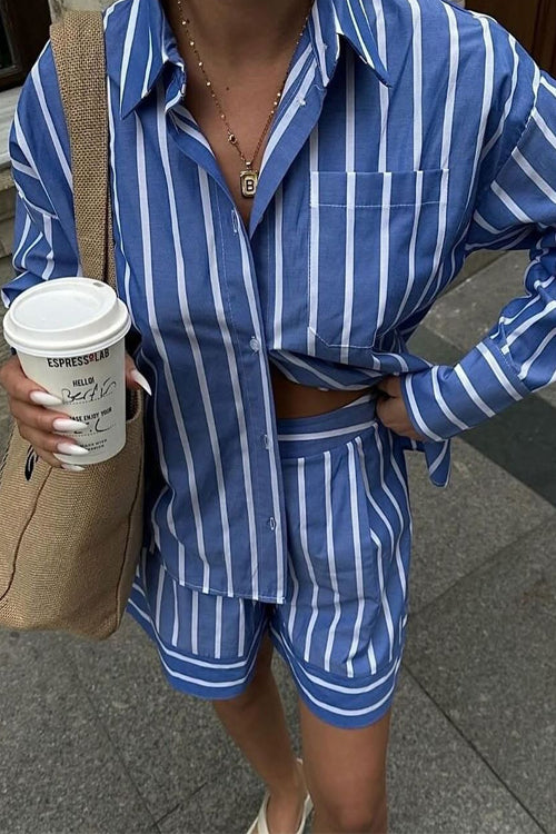 Trixiedress Striped Long Sleeves Curve Hem Shirt and High Rise Shorts Set