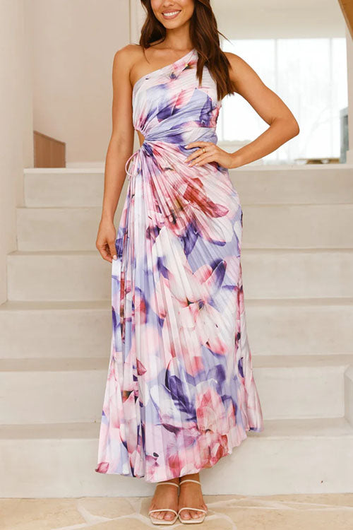 Trixiedress One Shoulder Sleeveless Cut Out Floral Print Pleated Maxi Dress