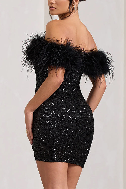 Trixiedress Off Shoulder Feather Trim Sequin Mini Party Dress