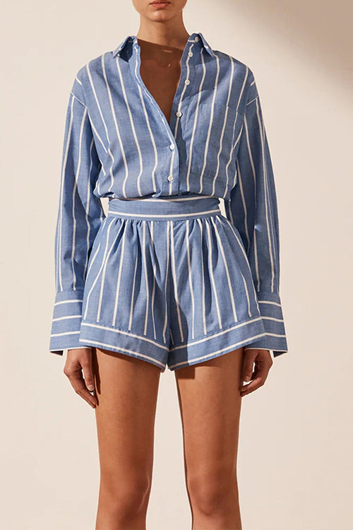 Trixiedress Striped Long Sleeves Curve Hem Shirt and High Rise Shorts Set