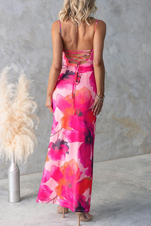 Backless Lace-up Floral Print Bodycon Maxi Cami Dress