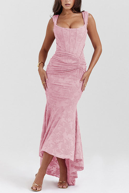 Trixiedress Sleeveless Ruched Waist Ruffle Hem Jacquard Maxi Dress