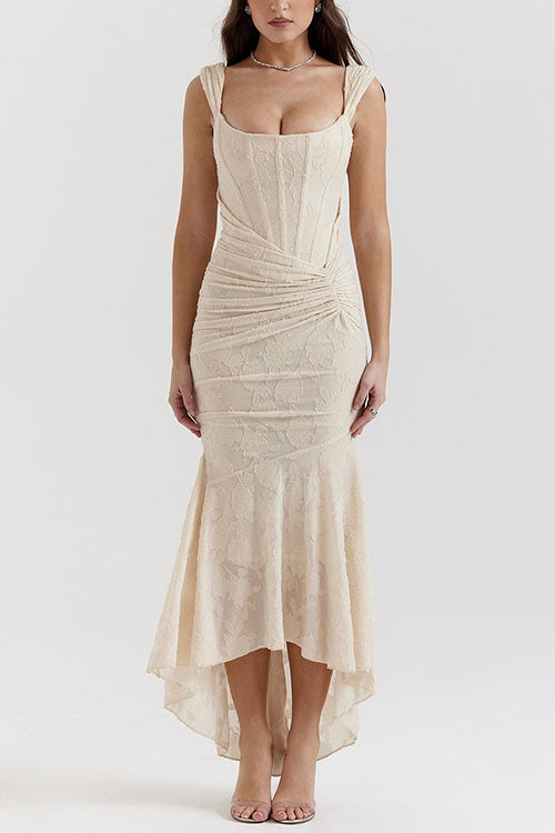 Trixiedress Sleeveless Ruched Waist Ruffle Hem Jacquard Maxi Dress