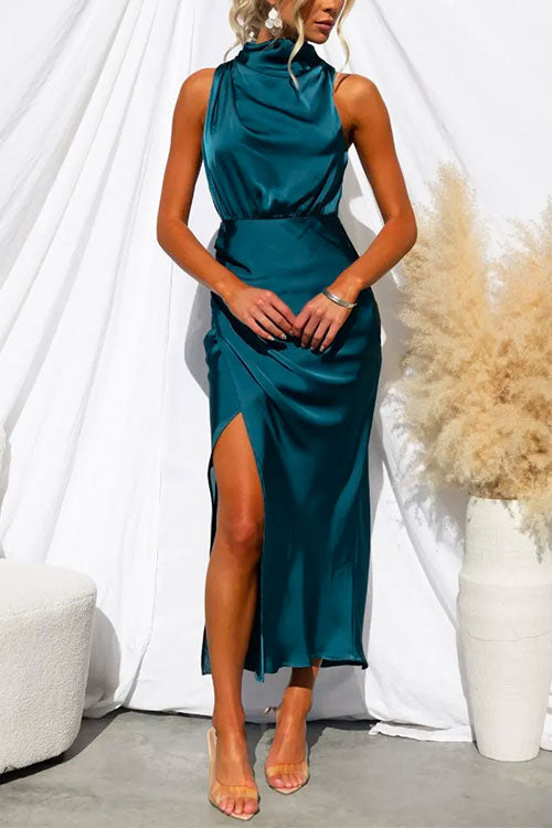 Trixiedress Turtleneck Sleeveless Waisted Slit Midi Satin Dress