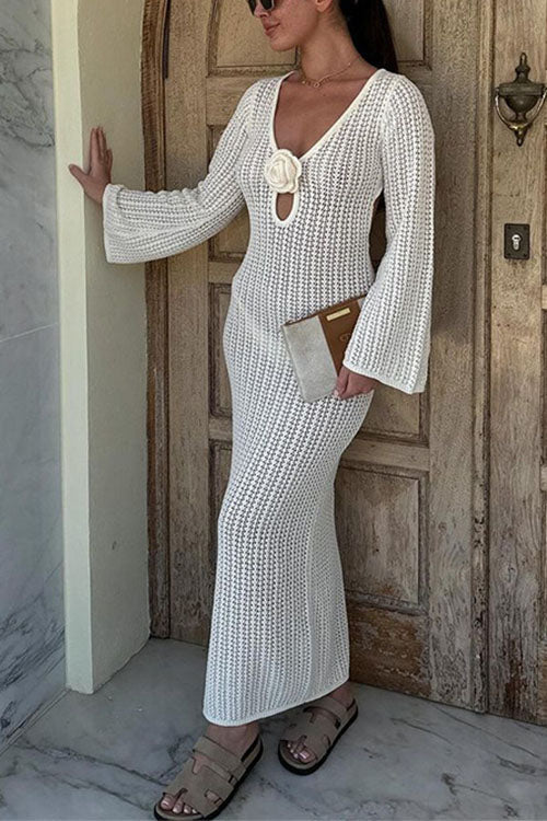 Trixiedress V Neck Long Sleeves Backless Crochet Hollow Out Knit Maxi Dress