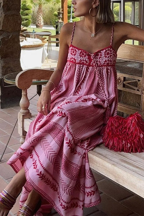 Trixiedress Crochet Top Printed Flowy Ruffle Maxi Cami Dress