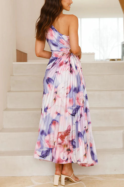 Trixiedress One Shoulder Sleeveless Cut Out Floral Print Pleated Maxi Dress