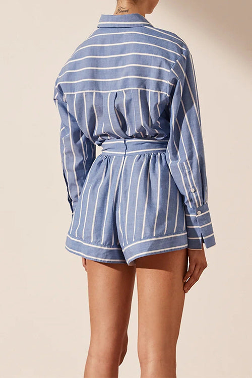 Trixiedress Striped Long Sleeves Curve Hem Shirt and High Rise Shorts Set