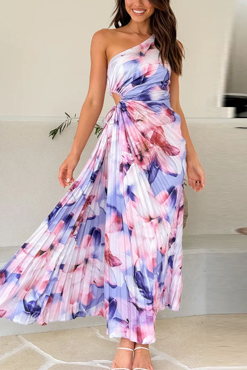 Trixiedress One Shoulder Sleeveless Cut Out Floral Print Pleated Maxi Dress