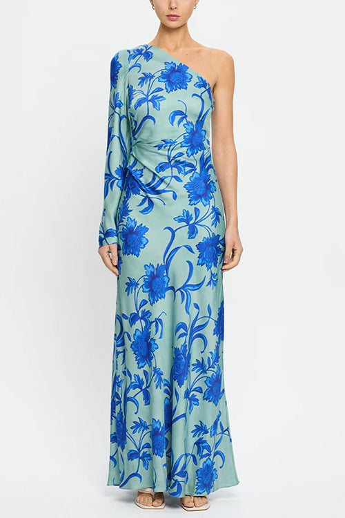 One Shoulder Long Sleeve Floral Print Maxi Dress