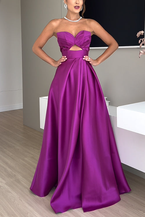 Trixiedress Strapless Lace-up High Slit Satin Maxi Party Dress
