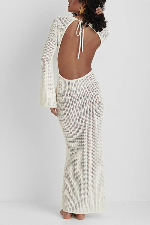 Trixiedress V Neck Long Sleeves Backless Crochet Hollow Out Knit Maxi Dress