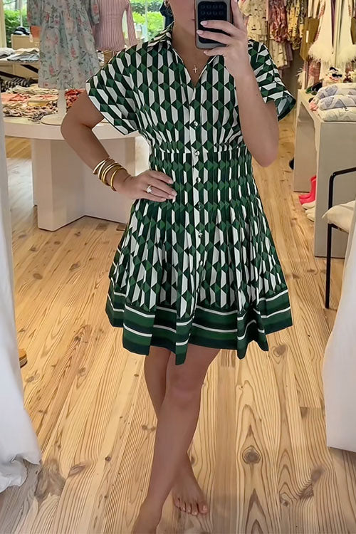Short Sleeves Button Up Geometric Print Mini Dress