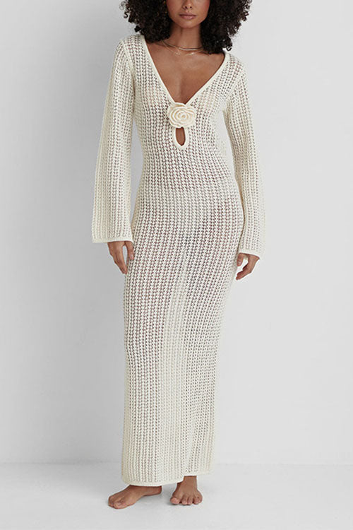 Trixiedress V Neck Long Sleeves Backless Crochet Hollow Out Knit Maxi Dress