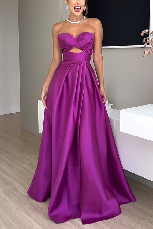 Trixiedress Strapless Lace-up High Slit Satin Maxi Party Dress