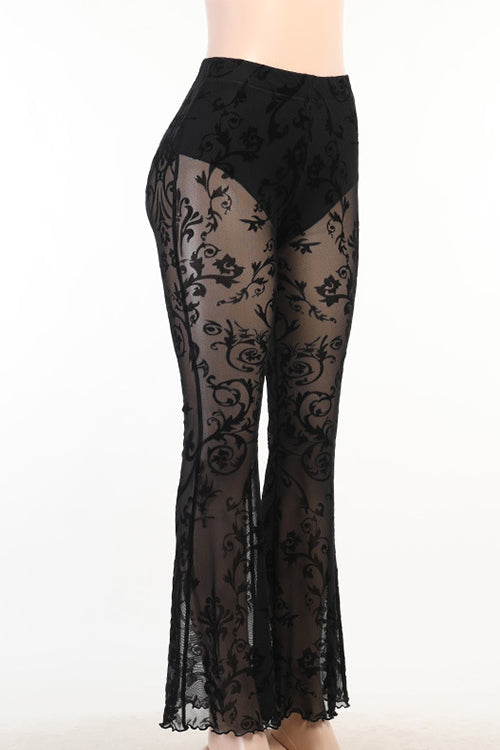 Trixiedress Elastic Waist Bell Bottomed Mesh Lace Pants
