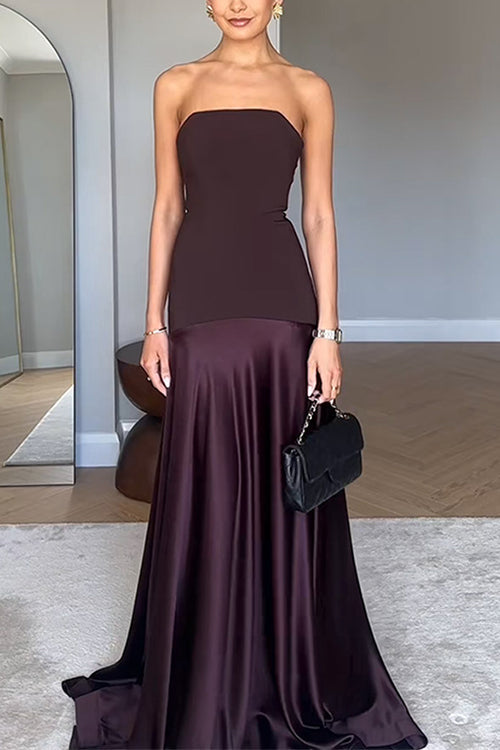 Trixiedress Strapless Satin Patchwork Flare Maxi Dress