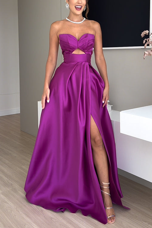 Trixiedress Strapless Lace-up High Slit Satin Maxi Party Dress