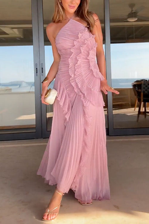 Trixiedress Strappy Halter Neck Ruffle Trim Asymmetric Hem Pleated Maxi Dress