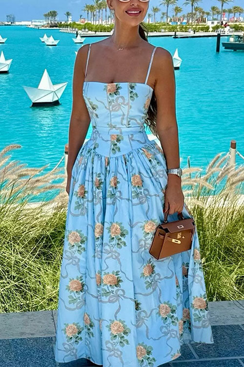 Trixiedress Spaghetti Strap Waisted Floral Print A-line Maxi Dress