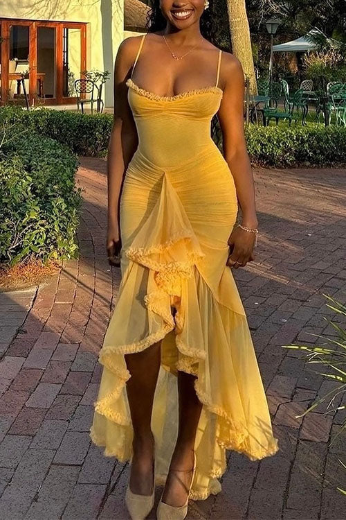 Trixiedress Spaghetti Strap Frill Trim Draped Slit Maxi Dress