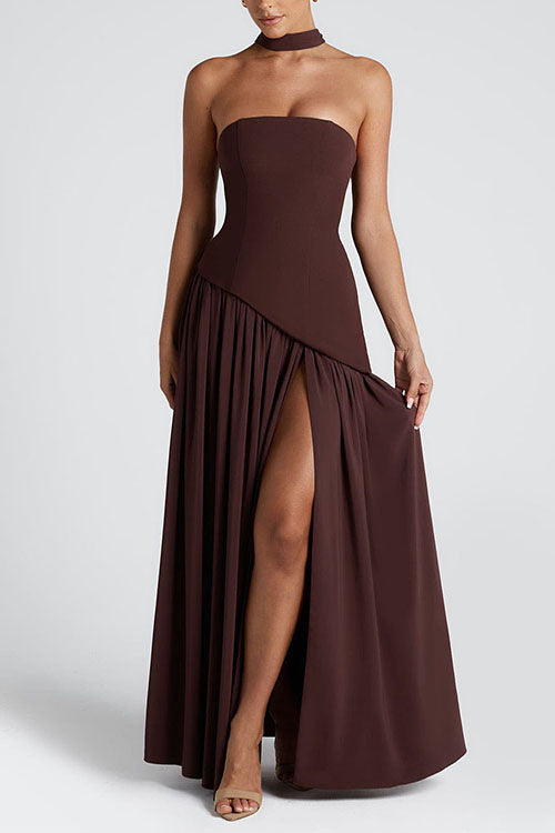 Trixiedress Strapless Back Lace-up High Slit Splice Maxi Dress
