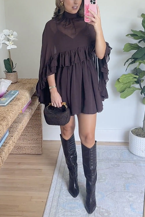 High Neck Sheer Ruffle Trim Cape Mini Dress