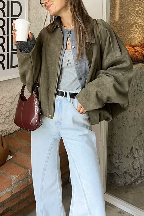 Trixiedress Lapel Zip Up Trendy Bomber Jacket