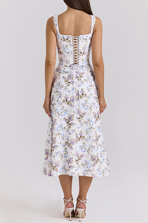 Trixiedress Bow Shoulder Back Lace-up Floral Print Midi Cami Dress