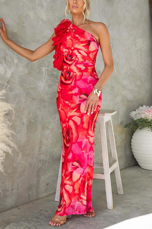 Trixiedress Ruffle One Shoulder Floral Print Bodycon Maxi Dress