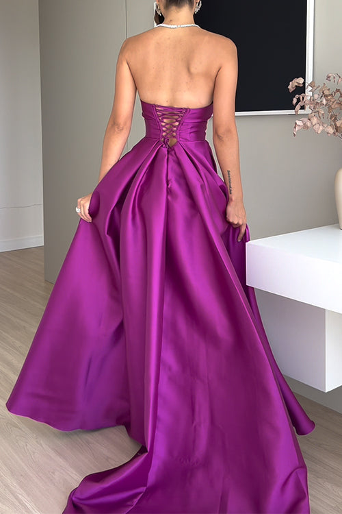 Trixiedress Strapless Lace-up High Slit Satin Maxi Party Dress