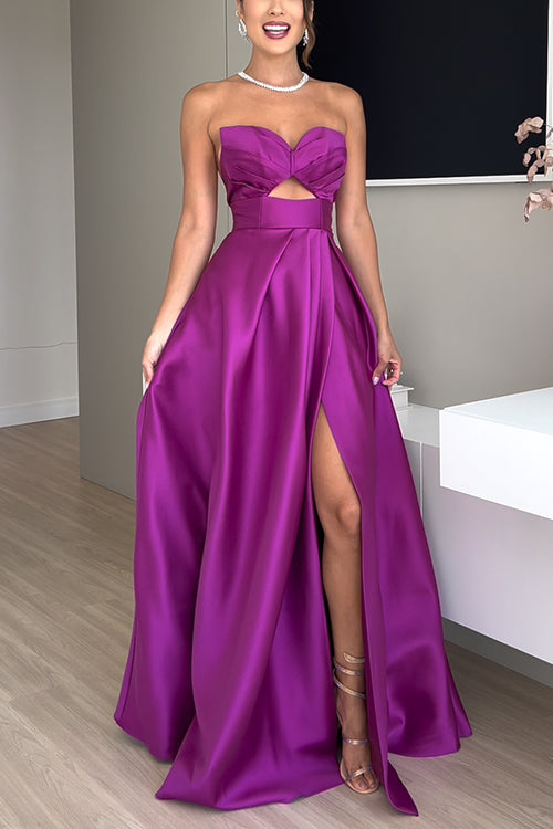Trixiedress Strapless Lace-up High Slit Satin Maxi Party Dress
