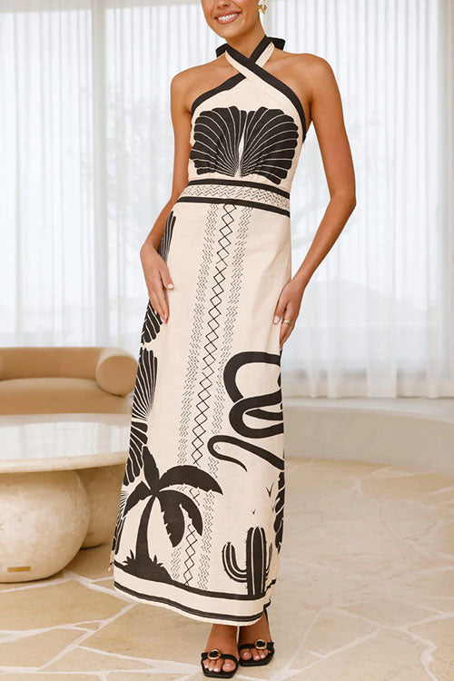 Trixiedress Palm Canyon Print Criss Cross Halter Maxi Dress