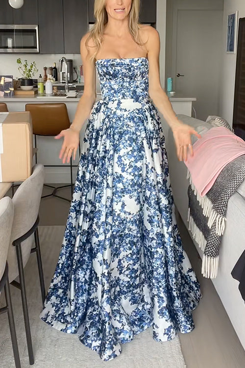 Trixiedress Strapless Back Lace-up Print Maxi Party Dress