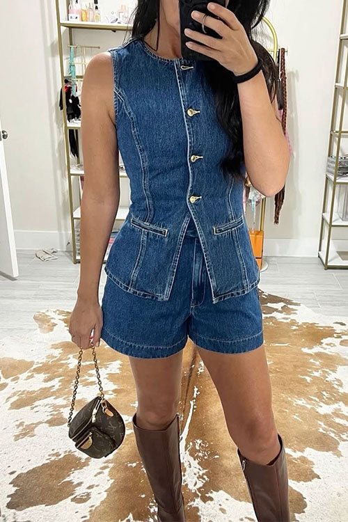 Trixiedress Sleeveless Button Up Top and High Rise Shorts Denim Set