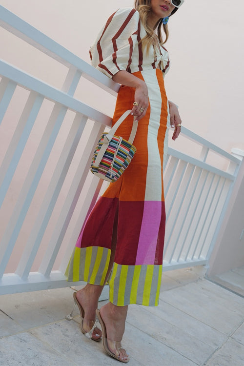 Trixiedress Knot Front Cut Out Puff Sleeves Side Slit Printed Midi Dress