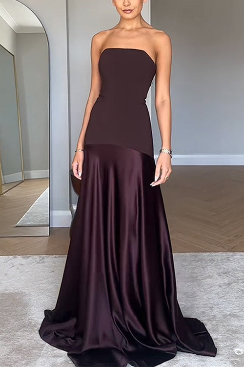 Trixiedress Strapless Satin Patchwork Flare Maxi Dress